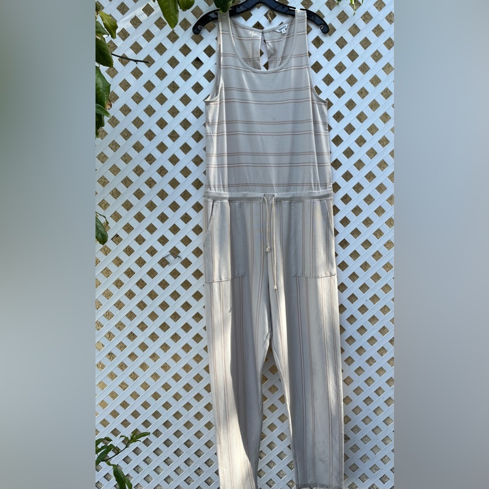 Splendid Linen Blend Wide Leg Jumpsuit Medium Sand Khaki Elastic Waist XL